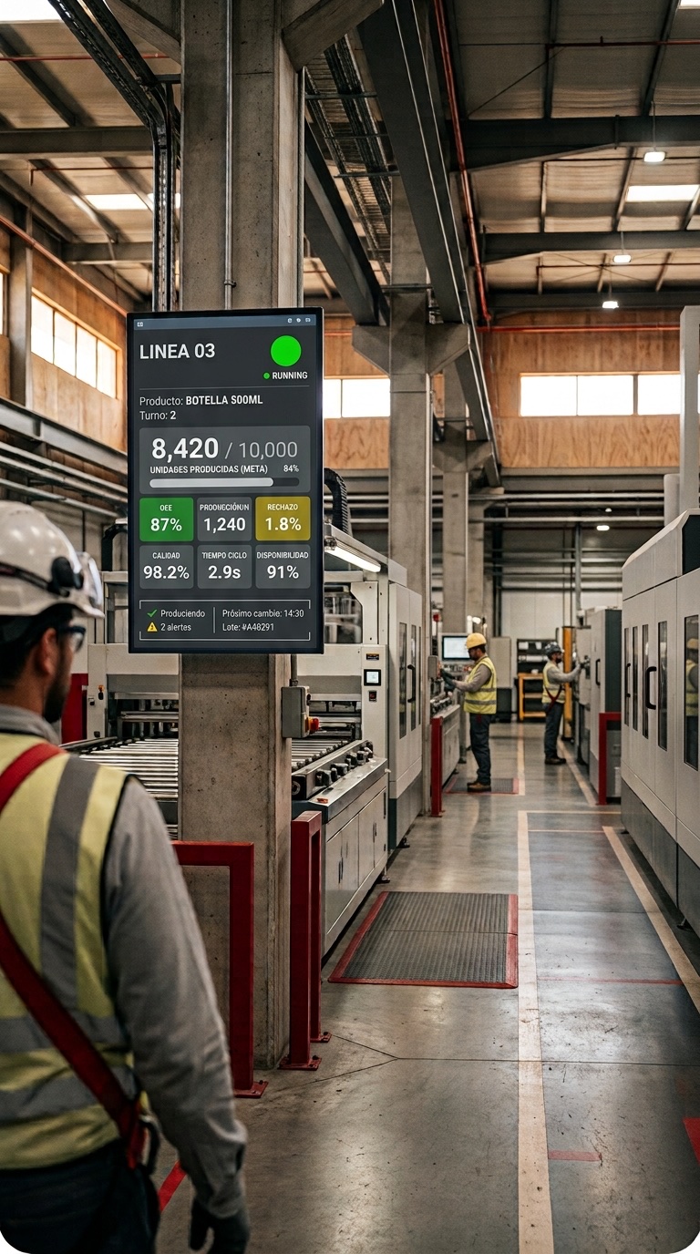 Pantalla de indicadores en una planta de manufactura